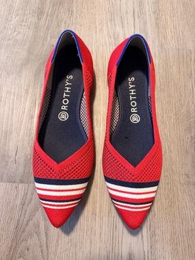 Rothy's Red Pointed Knit Flats with Navy & White Stripes